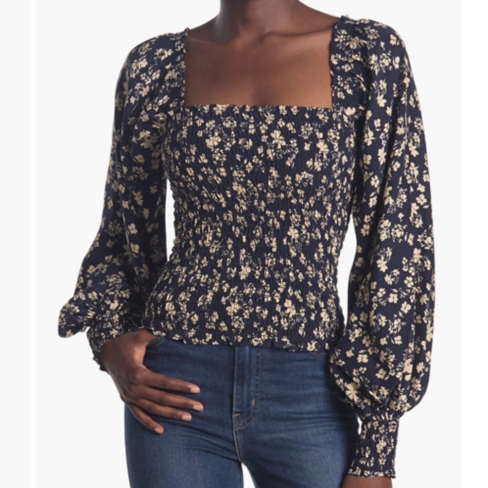 La Ligne Eloise Square Neck Balloon Sleeve Floral Print Silk Top Navy/Tan Size S